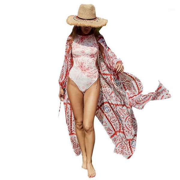 

women's swimwear female beach dress, wommen adults floral print long sleeve cardigan smock bikini cover ups for summer, White;black