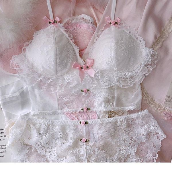 

bras sets wriufred pure desire underwear outerwear thin white lace lingerie and panties suit cute no steel ring girl bra set, Red;black