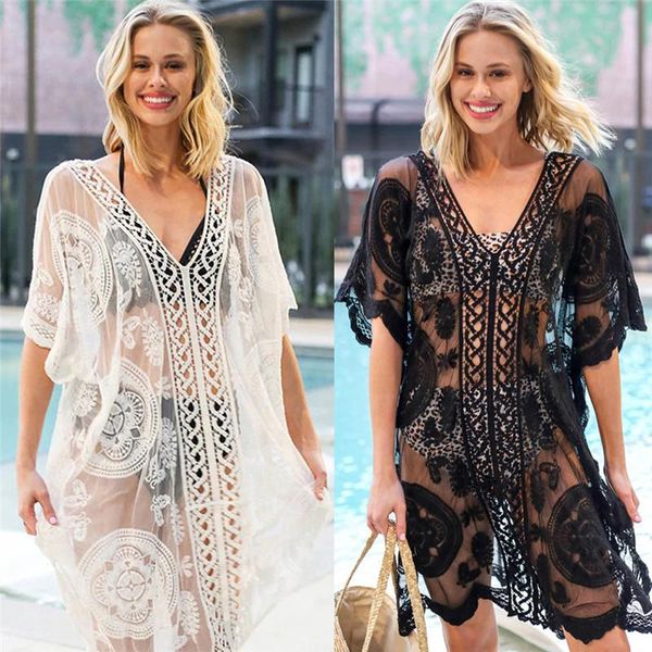 

women deep v-neck bikini cover ups bathing suit lace crochet swimwear short sleeve hollow out loose beach dress women's, White;black