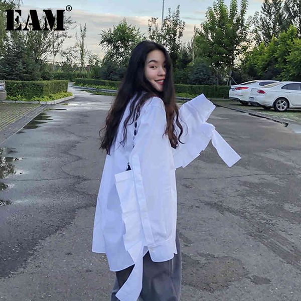 

[eam] women white irregular bandage big size blouse lapel long sleeve loose fit shirt fashion spring autumn 1dd6474 21512