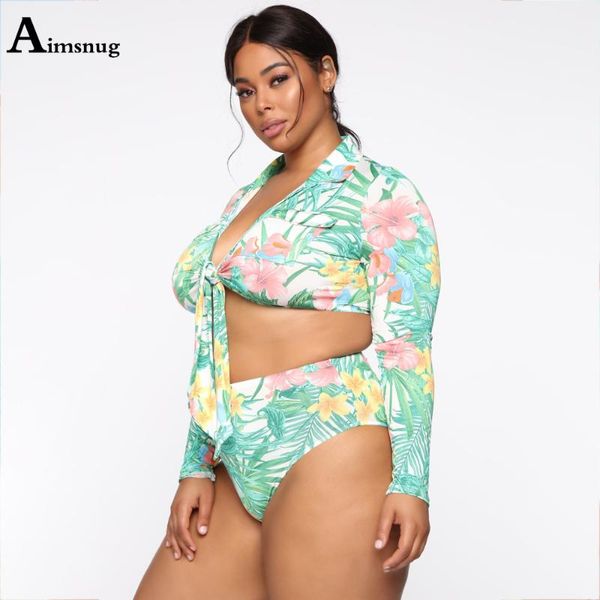 

one-piece suits plus size 5xl women sets swimsuit large push up two pieces swimwear long sleeve crop 2021 flower print bathing suit