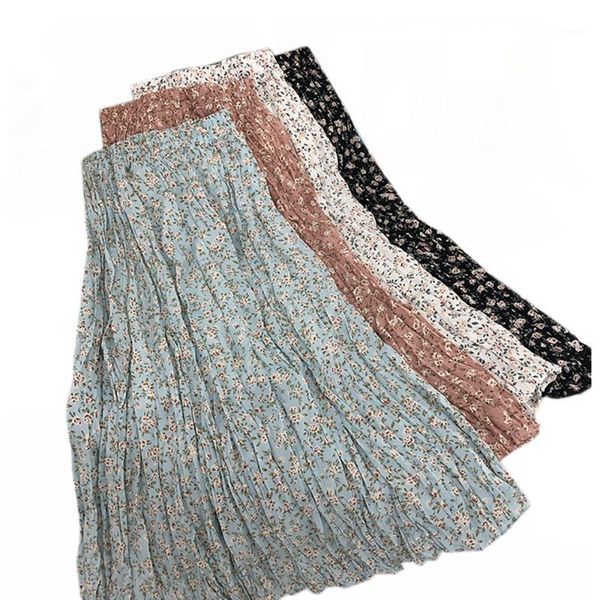 

skirts summer fashion folds over the knee beach skirt sweet retro floral vintage female korean midi pleated women, Black