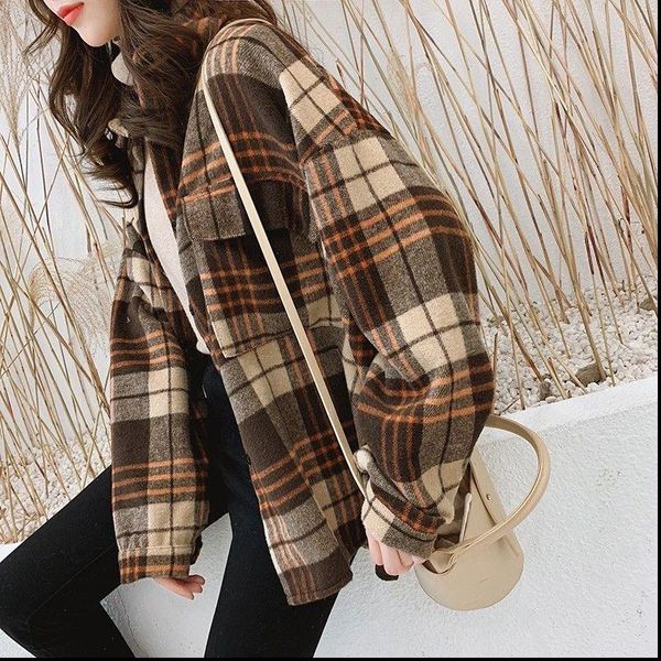 

autumn style plaid womens shirts long sleeve jacket fashion oversize all match 3xl, White