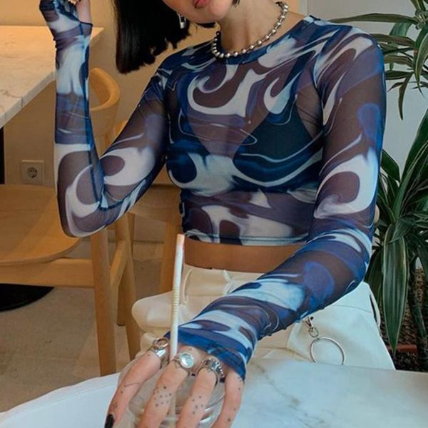 

women's t-shirt print see through mesh crop women long sleeve crew neck slim streetwear exposed navel tee midriff-baring, White
