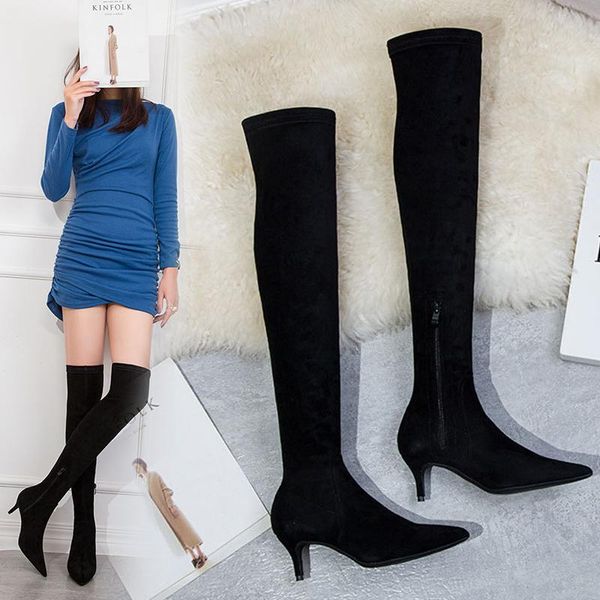 

boots knight women's thin version 2021 winter high over the knee plus velvet pointed toe, Black