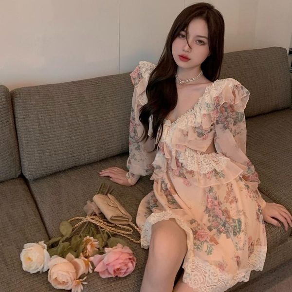 

casual dresses french gentle style lace edge irregular thin long sleeve floral bandage mini 2021 early autumn women's clothing, Black;gray