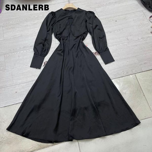 

casual dresses solid color maxi dress 2021 early autumn fashion double-sided pocket long sleeve elegant women's, Black;gray