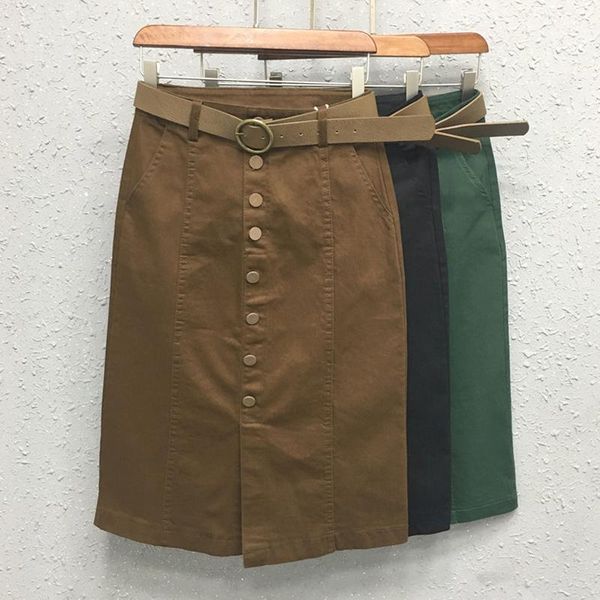 

skirts 2021 korean style womens khaki beige black button high waisted pencil denim skirt , women woman placket skinny jean