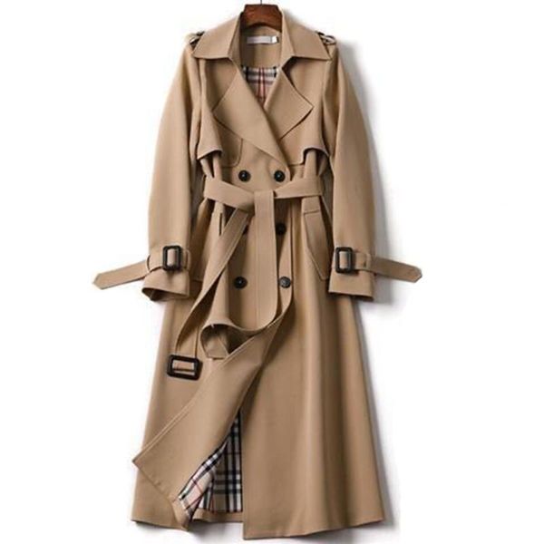 

women's trench coats 2021 3xl winter long coat women turn-down collar stylish double breasted sashes oversized female windbreaker, Tan;black