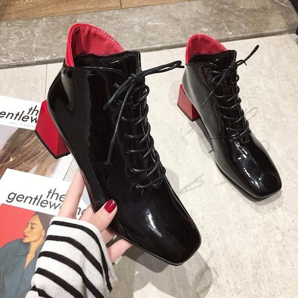 

boots mixed colors knight bottes femme lace up ankle booties square toe japanned leather shoes women thick high heels motorcycle, Black