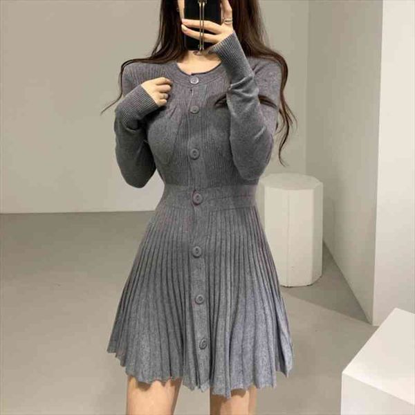 

korean casual single breasted knitting women dress mini autumn winter buttons knitted sweater pleated robe femme vestidos, Black;gray
