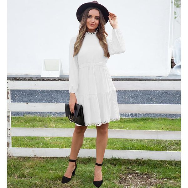 

casual dresses short for women 2021 autumn high waist lace lantern white dress lady fashion long sleeve plus size, Black;gray