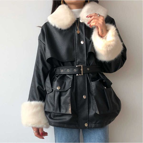 

herstory thick winter warm faux leather jacket long fur collar patchwork coat sashes lim waist women pu leather jackets 211011, Black