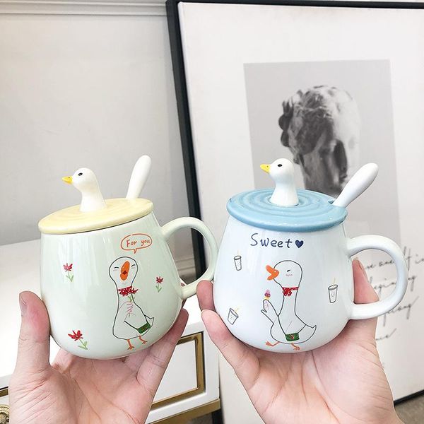 

mugs cute cartoon little duck ceramic mug with lid spoon,personalized drinking cup couple milk drinkware nice gifts