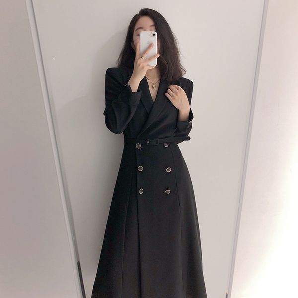 

wool spring autumn women elegant double breasted slim dresses solid blazer maxi dress with belt office lady, Black