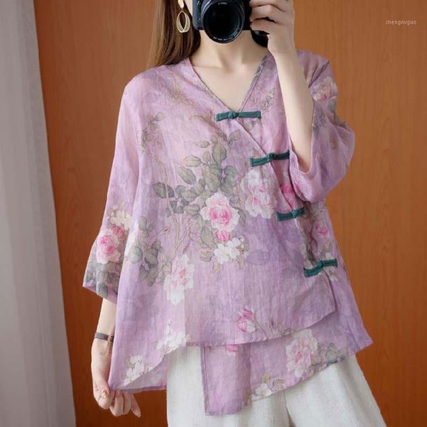 

oversized women cotton linen casual shirts arrival 2021 summer chinese style vintage print v-neck loose female s3211 women's blouses &, White