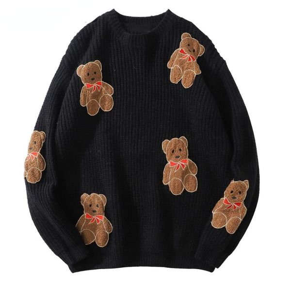 

men's sweaters embroidery bears knitted jumper streetwear hip hop men 2021 harajuku casual knitwear sweater fashion male, White;black