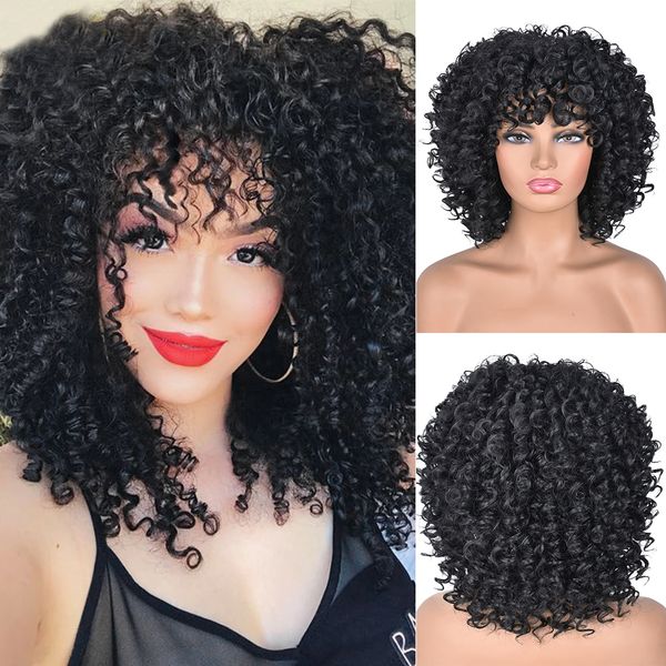 

14inch afro kinky curly wigs synthetic short wig with bangs mixed brown and blonde cosplay wig for black/white women