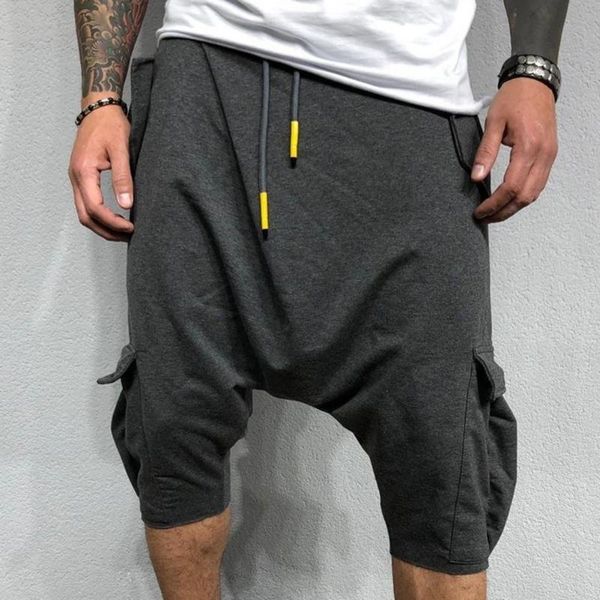 

men's pants harem adjustable micro-elastic soft cotton blend low crotch cargo trousers for summer casual rousers, Black