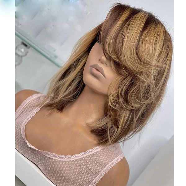 

lace wigs side part with bangs highlight brown blonde transparent 13x6 front human hair wig pre plucked natural hairline fringe, Black;brown