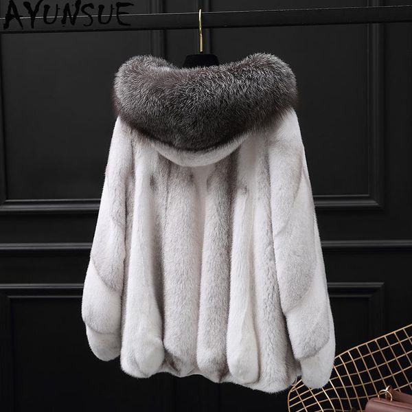 

women's fur & faux ayunsue natural real mink coat winter women collar luxury warm jacket clothes 2021 manteau femme my, Black