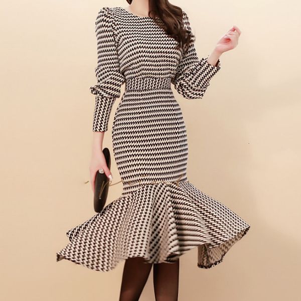 

skirts autumn houndstooth 2 play defines clothes of korean puff upper sleeve'-bodycon mermaid skirt suits ol women two pieces together, Black