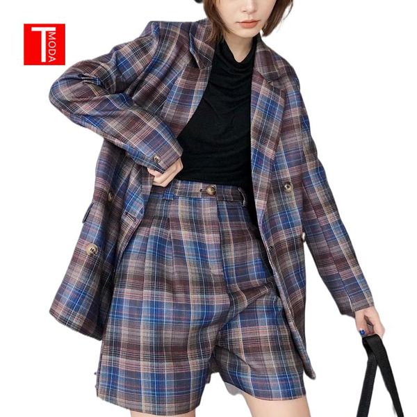 

vintage stylish double breasted plaid blazer coat women 2021 long sleeve pockets office wear female outerwear chic women's suits & bla, White;black
