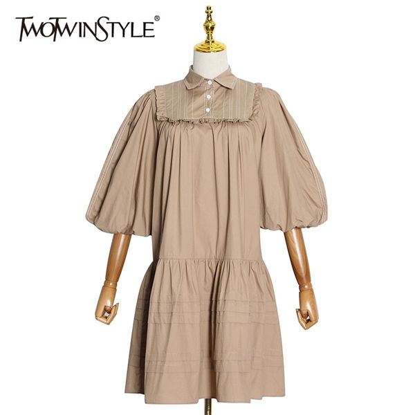 

loose patchwork ruched women dress lapel lantern sleeve casual elegant mini dresses female fashion summer 210520, Black;gray
