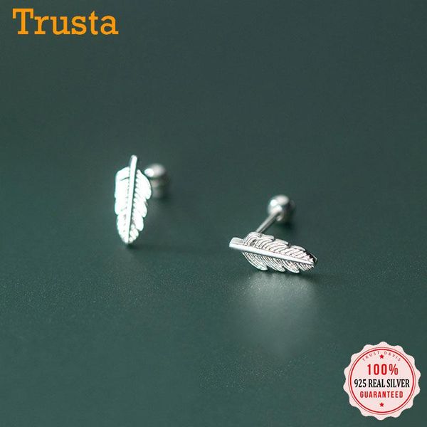 

stud trustdavis real 925 sterling silver fashion sweet feather leaves screw earrings for women wedding party fine jewelry db1147, Golden;silver