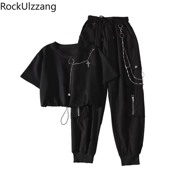 

women's pants & capris two piece set streetwear fashion chain crop tee + cargo jogger pant drawstring high waist trouser tracksuit punk, Black;white