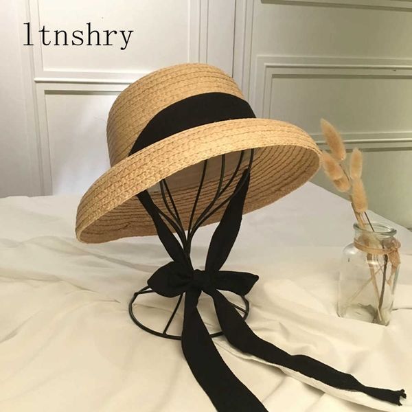 

fashion women' summer sun hat handmade raffia cap visor ribbon wide side travel vacation beach elegant lady seaside, Blue;gray