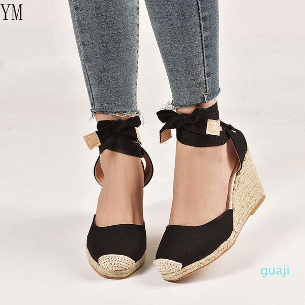 

sandals summer red women's high heels platform buckle wedges front bao toe lace up straw braid ladies shoes 35-43, Black