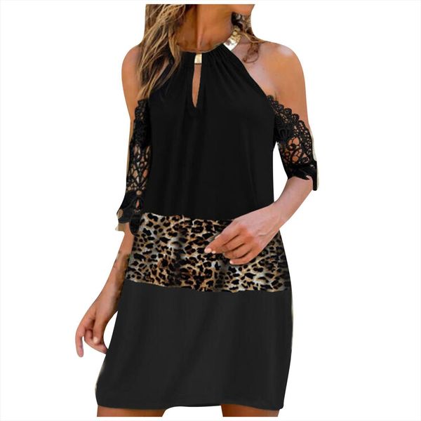 

casual loose mini metal hanging women dress neck leopard splicing print sleeveless elegant a line short hem lady dresses, Black;gray