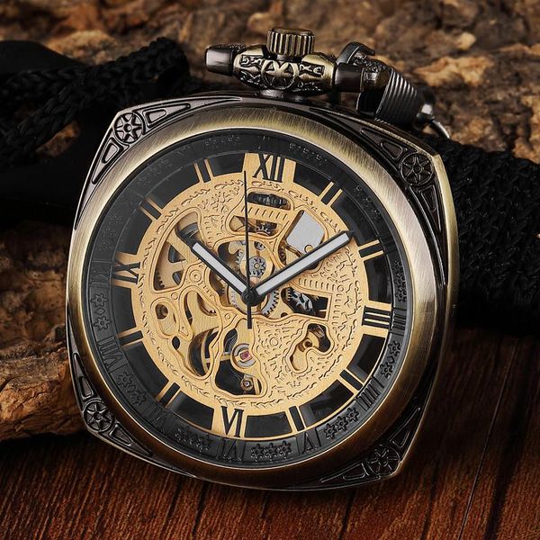 

pocket watches retro bronze steampunk mechanical watch men women fob chain necklace vintage square dial hollow skeleton sculpture clock, Slivery;golden