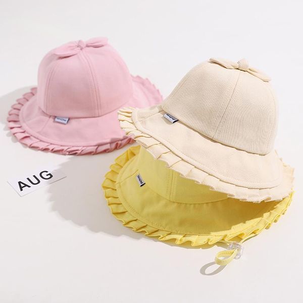 

summer baby girl bucket hat solid color bowknot cotton hats cute kids wide brim fisherman panama cap1, Yellow