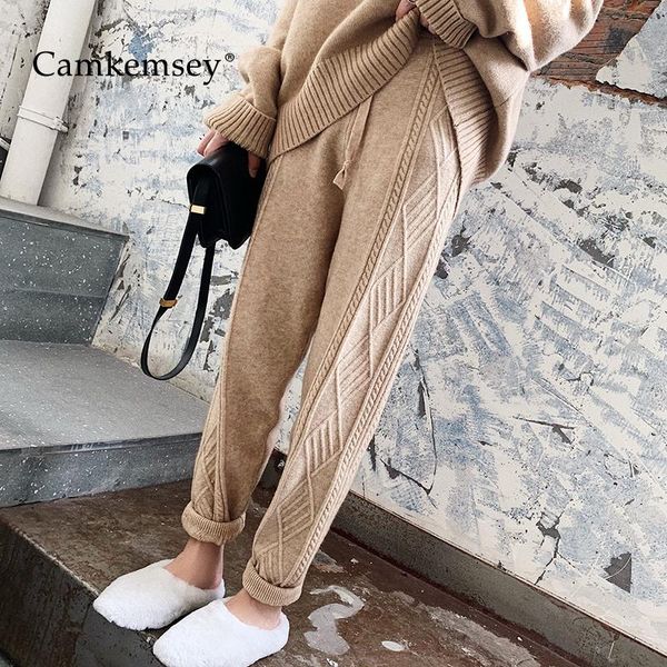 

women's pants & capris camkemsey thicken warm knitted winter women 2021 casual side twist autumn elastic high waist knitting harem, Black;white