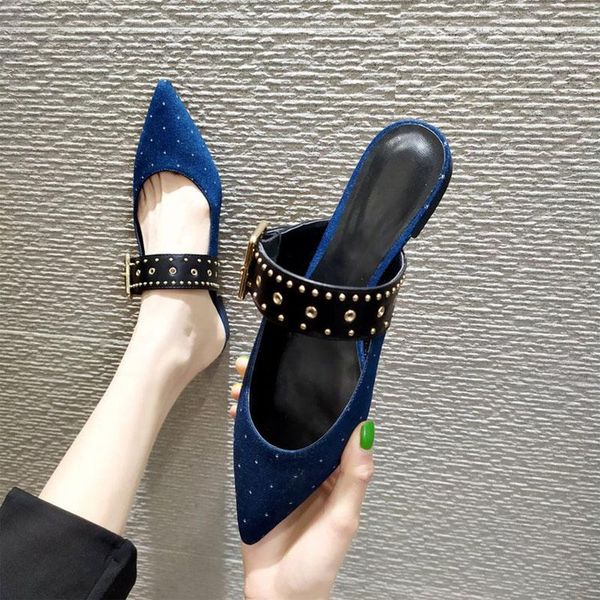 

slippers 2021 women woman flats shoes summer outside ladies female slides pointed toe casual fashion mules for, Black