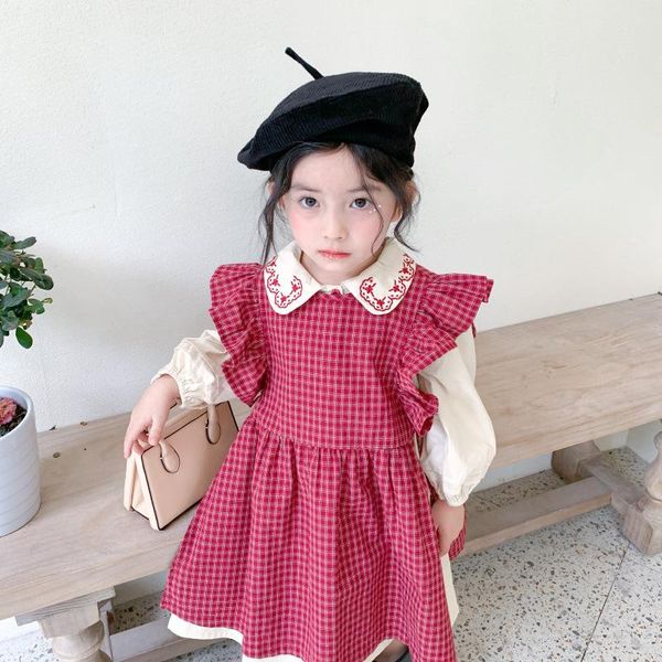

clothing sets 2021 spring and autumn girls cute sweet plaid sleeve blouse embroidered collar shirt 2-piece set kids dress suits, White