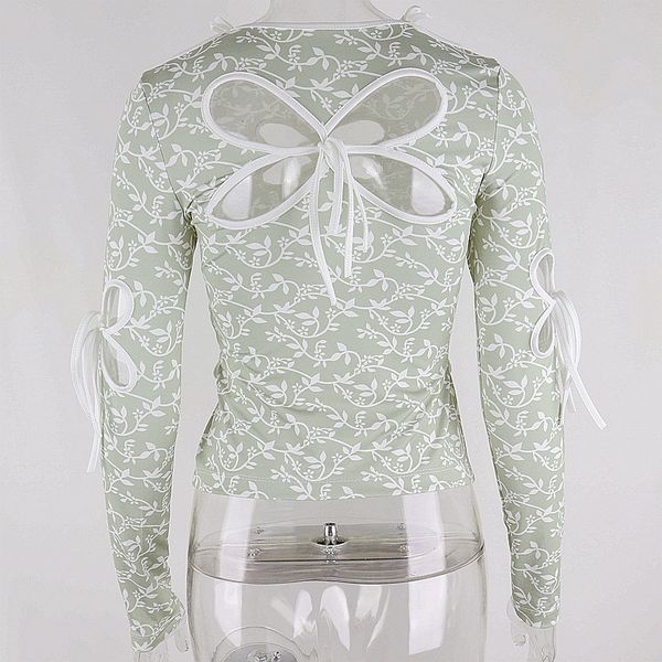 

allneon vintage butterfly hollow out bandage long sleeve t-shirts streetwear 90s print o-neck green y2k fashion outfits, White