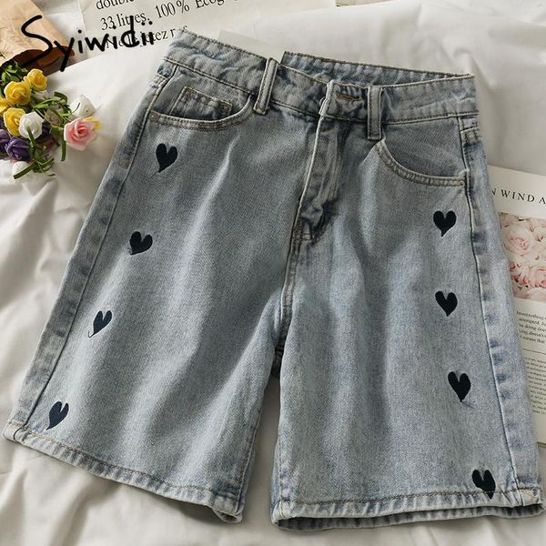 

women's shorts syiwidii high waist denim streetwear zipper pockets casual loose straight blue jeans 2021 summer fashion, White;black
