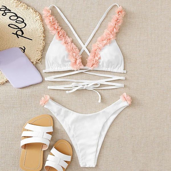 

women's swimwear women lace up ruffle bikini set push cross bandage swimsuit female bra high cut bathing suit 2021 #t1q, White;black