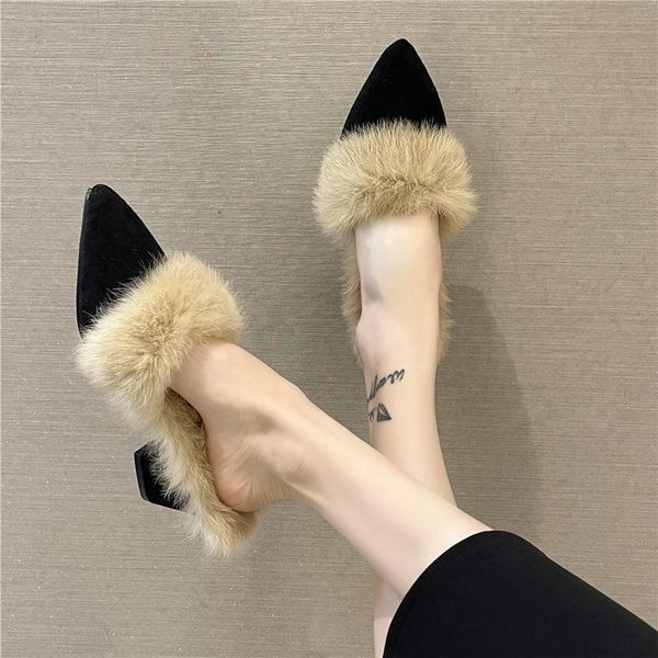 

slippers female shoes womens outdoor pointed toe square heel low slides fur flip flops fashion loafers 2021 cover block plush, Black
