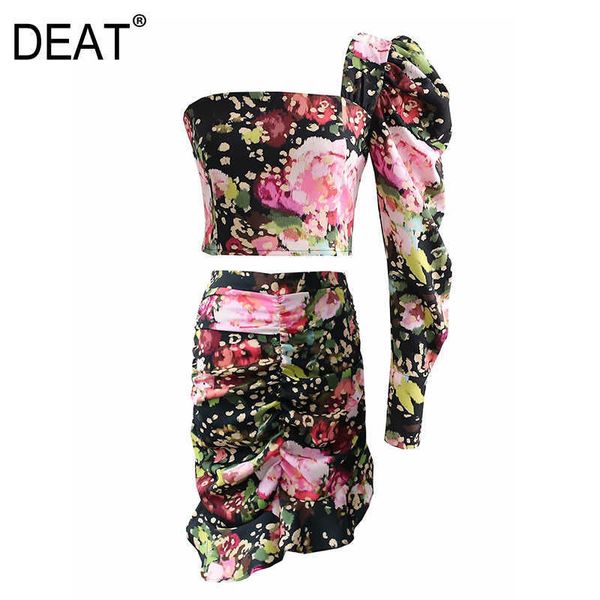 

[deat] spring fashion printing slash neck long sleeve asymmetry shirt mermaid skirt elegant women's suit 13w967 210527, White