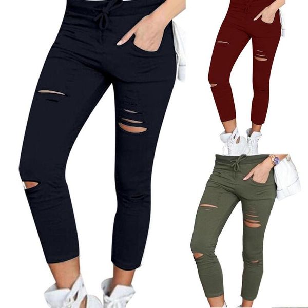 

plus size solid color drawstring high waist pencil pants ripped skinny leggings ankle length stretch drop women's, Black