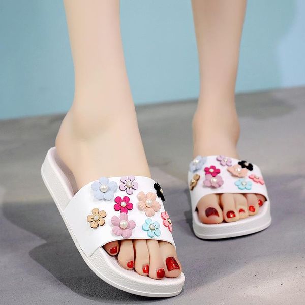 

slippers summer women wear sweet fashion flowers thick flat beach flip flops womens shoes, Black