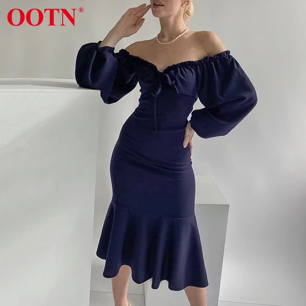

ootn elegant off shoulder women summer dress long sleeve wedding party dresses ruffle lace up navy blue female midi dress 210413, Black;gray