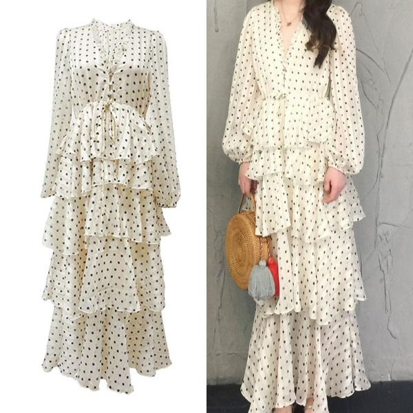 

casual dresses dot women polka printe dress cascading ruffle lantern long beach elegant party maxi vestido, Black;gray