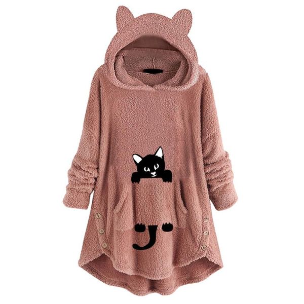 

women's hoodies & sweatshirts winter women fleece cartoon print asymmetrical button pocket sweatshirt harajuku cat ear hooded pullover, Black