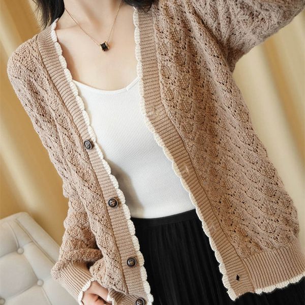 

coats coats 2021 100% cotton knit cardigan women's v-neck loose casual long sleeve sweater jacket, Tan;black