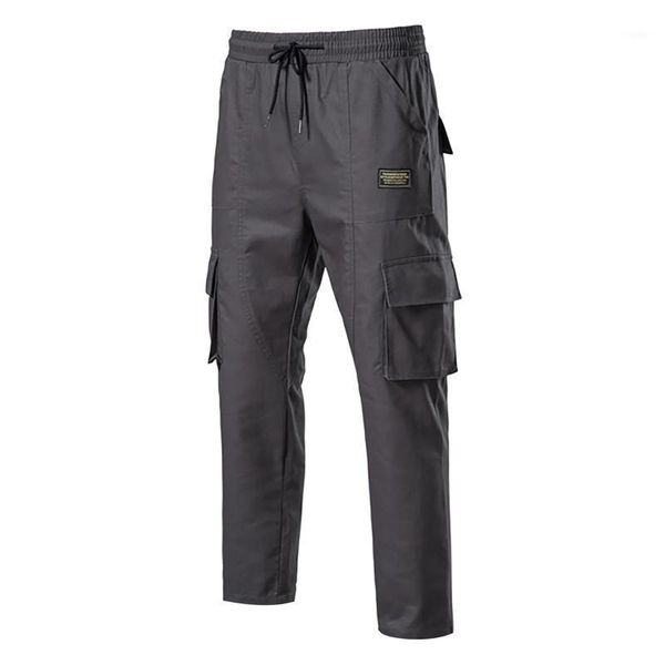 

men's pants 2021 summer loose fashion drawstring pocket straight leg overalls cargo trousers males solid color sweatpants, Black